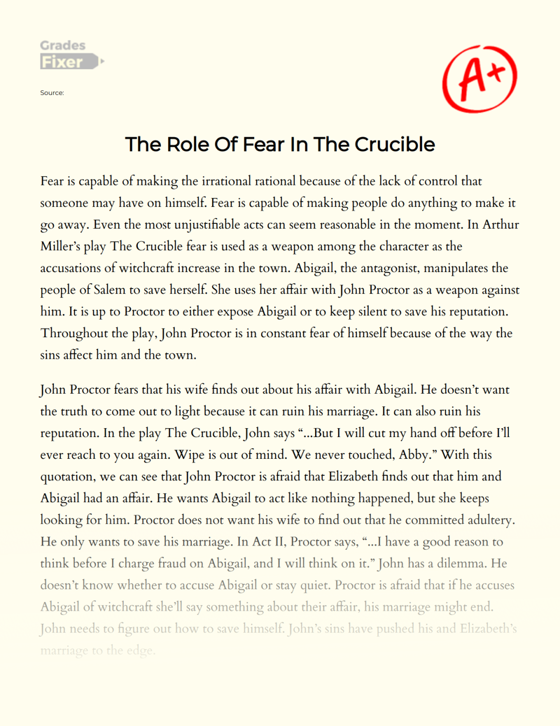The Role of Fear in The Crucible Essay