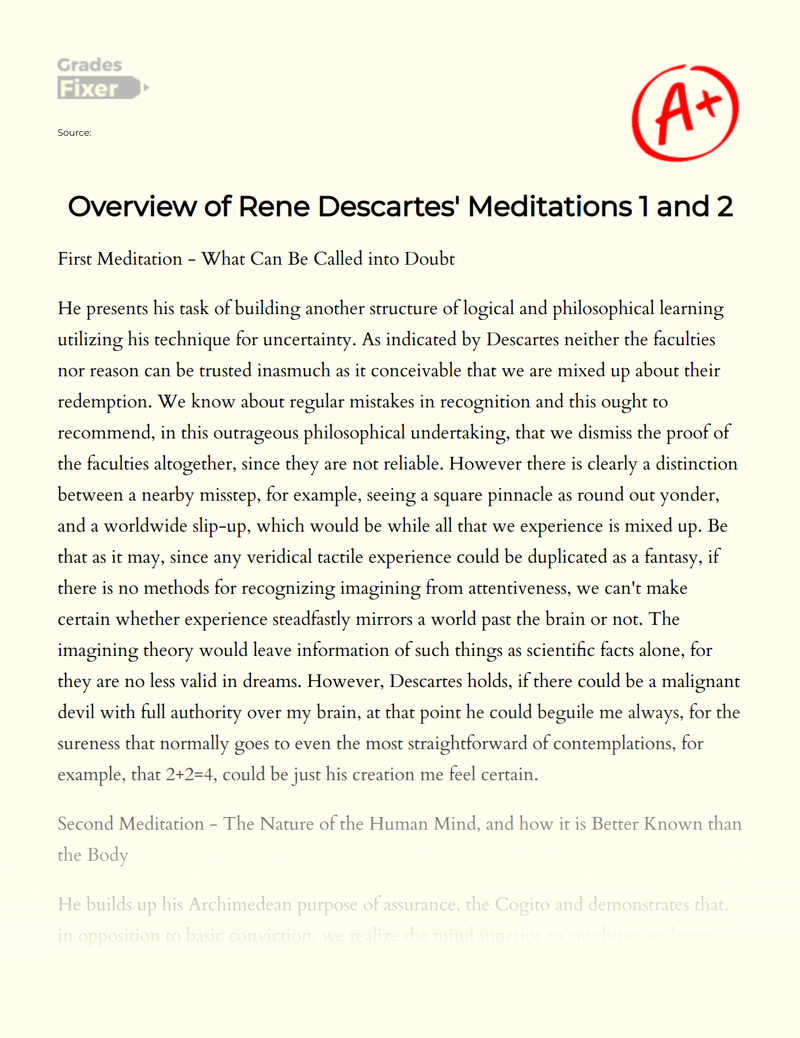 Overview of Rene Descartes' Meditations 1 and 2 Essay