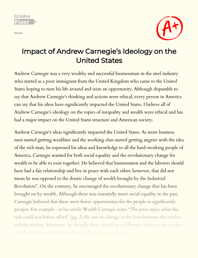 Impact of Andrew Carnegie’s Ideology on The United States Essay