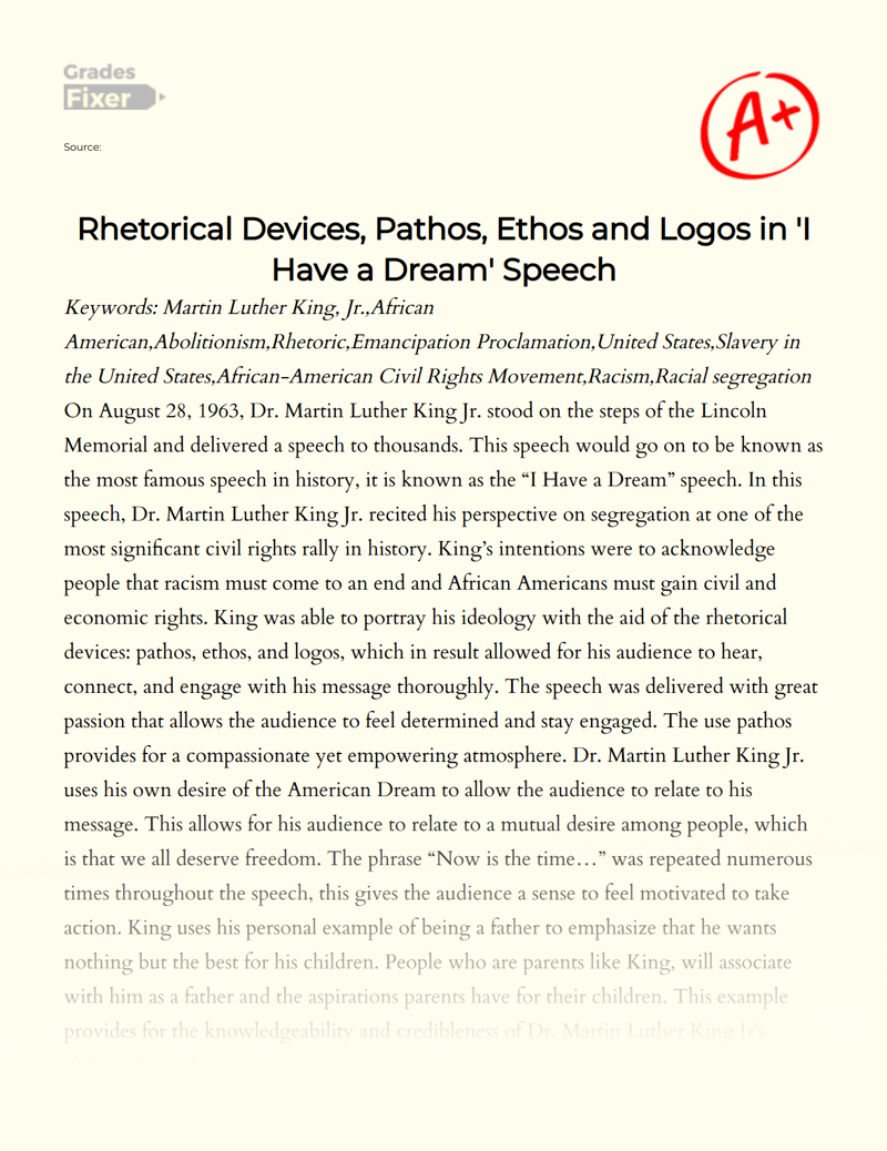 Rhetorical Devices, Pathos, Ethos and Logos in 'I Have a Dream' Speech Essay