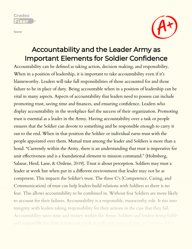 Accountability and The Leader Army as Important Elements for Soldier Confidence  Essay