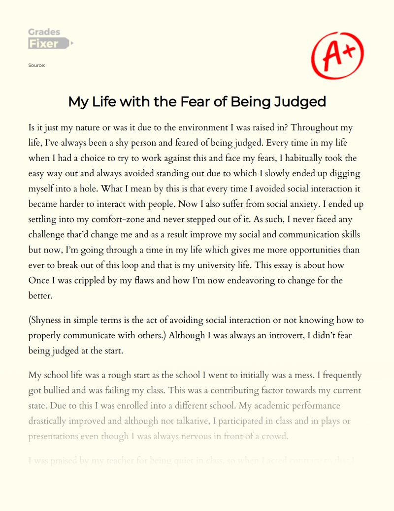 My Life with The Fear of Being Judged Essay