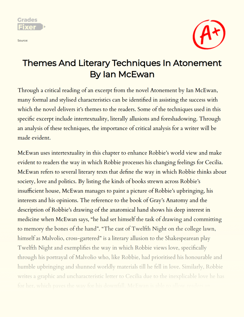 Themes and Literary Techniques in Atonement by Ian Mcewan Essay