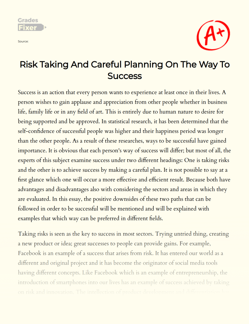 Risk Taking and Careful Planning on The Way to Success Essay