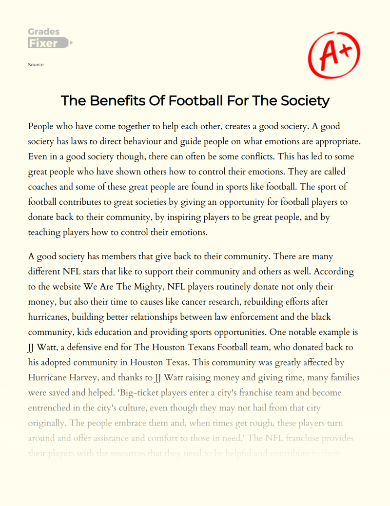 The Benefits of Football for The Society Essay