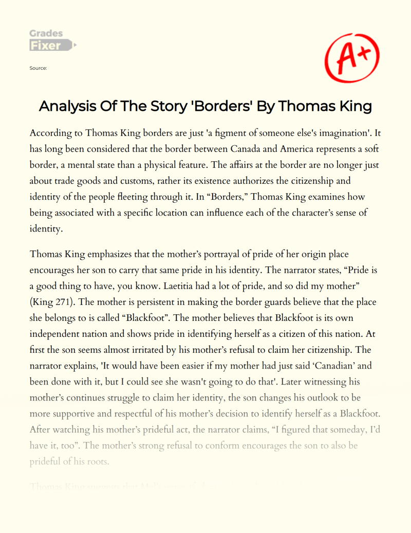 Analysis of The Story 'Borders' by Thomas King Essay