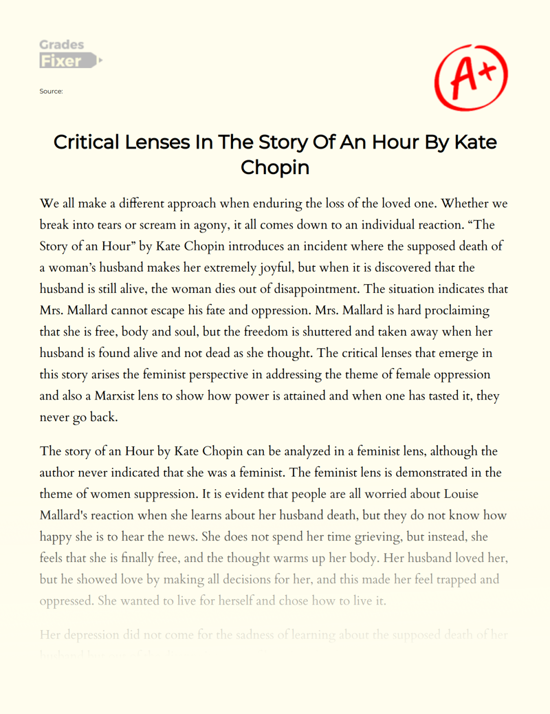 Critical Lenses in The Story of an Hour by Kate Chopin Essay