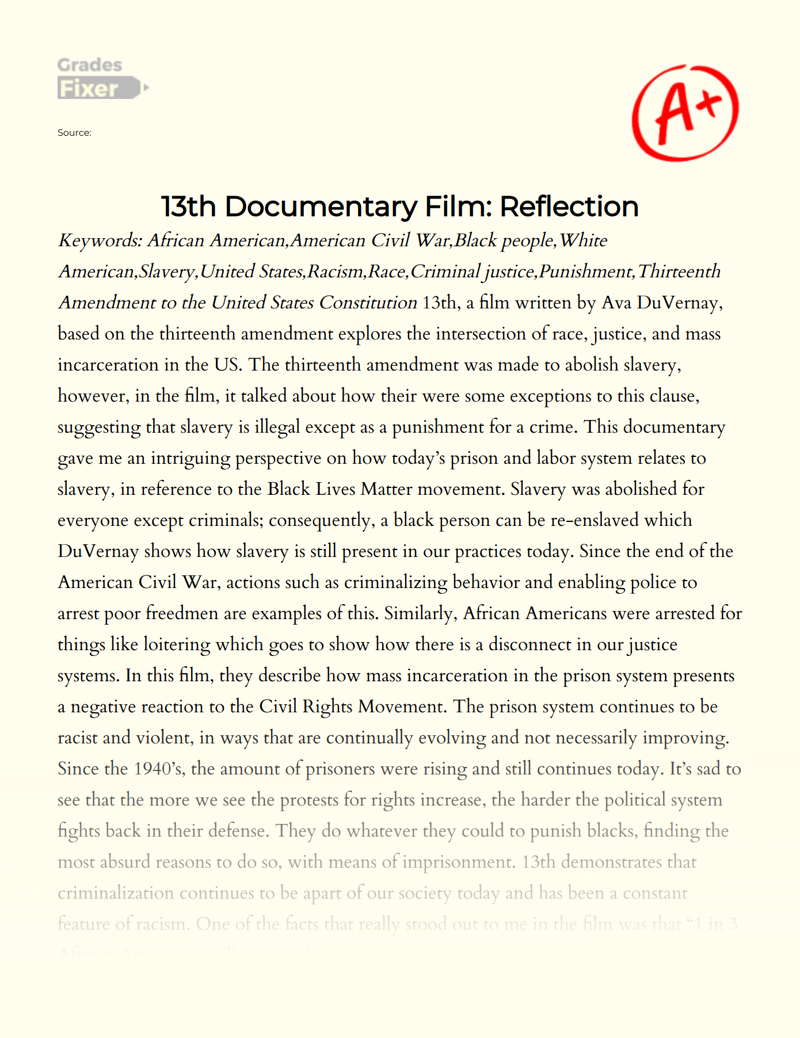 "13th" Documentary Film: Reflection Essay