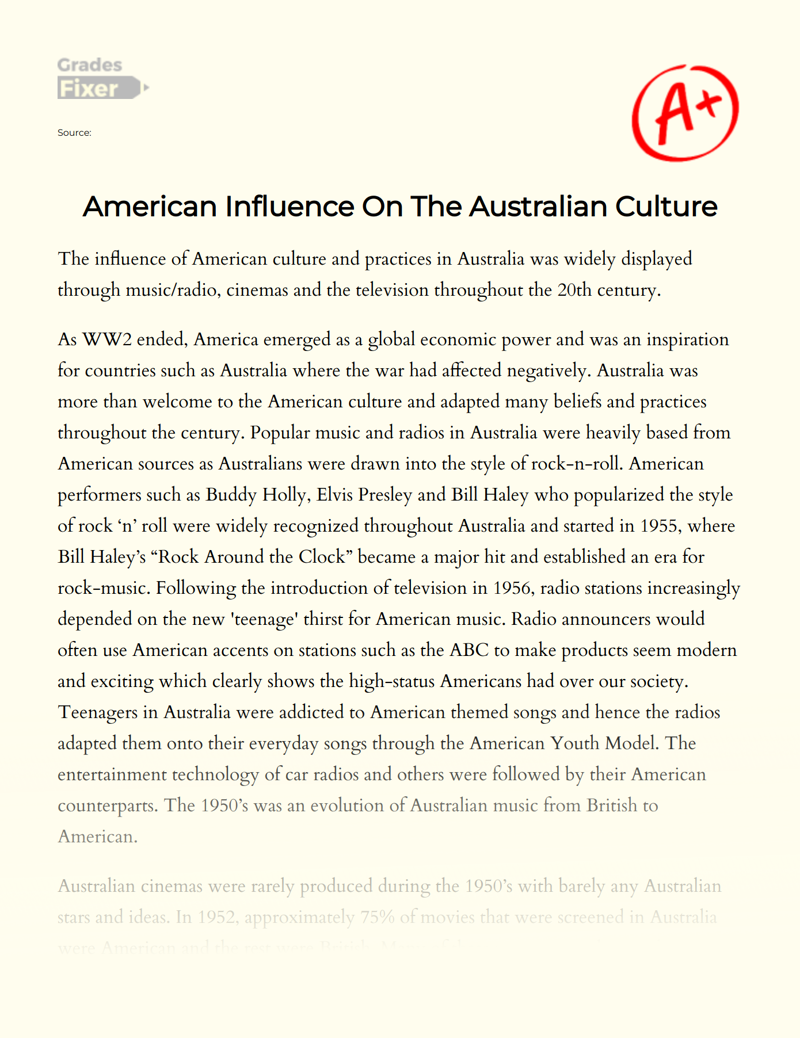 American Influence on The Australian Culture Essay
