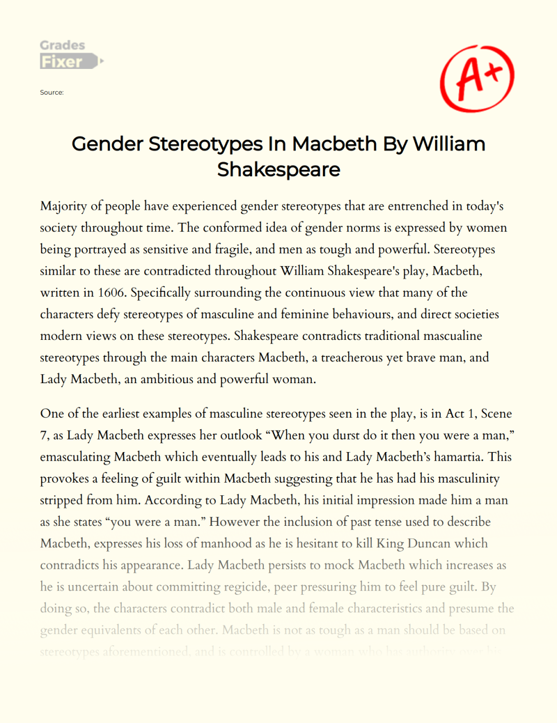 Gender Stereotypes in Macbeth by William Shakespeare Essay