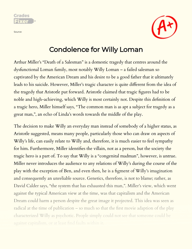 Condolence for Willy Loman essay
