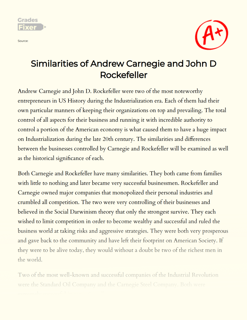Similarities of Andrew Carnegie and John D Rockefeller Essay