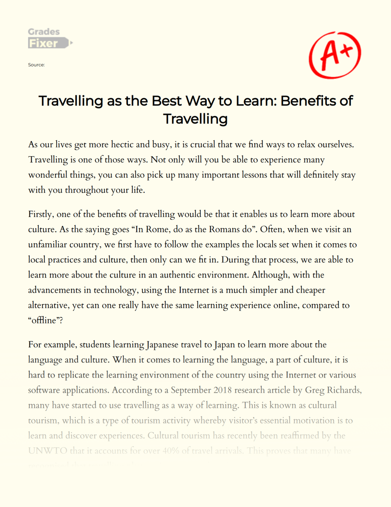 Travelling as The Best Way to Learn: Benefits of Travelling Essay
