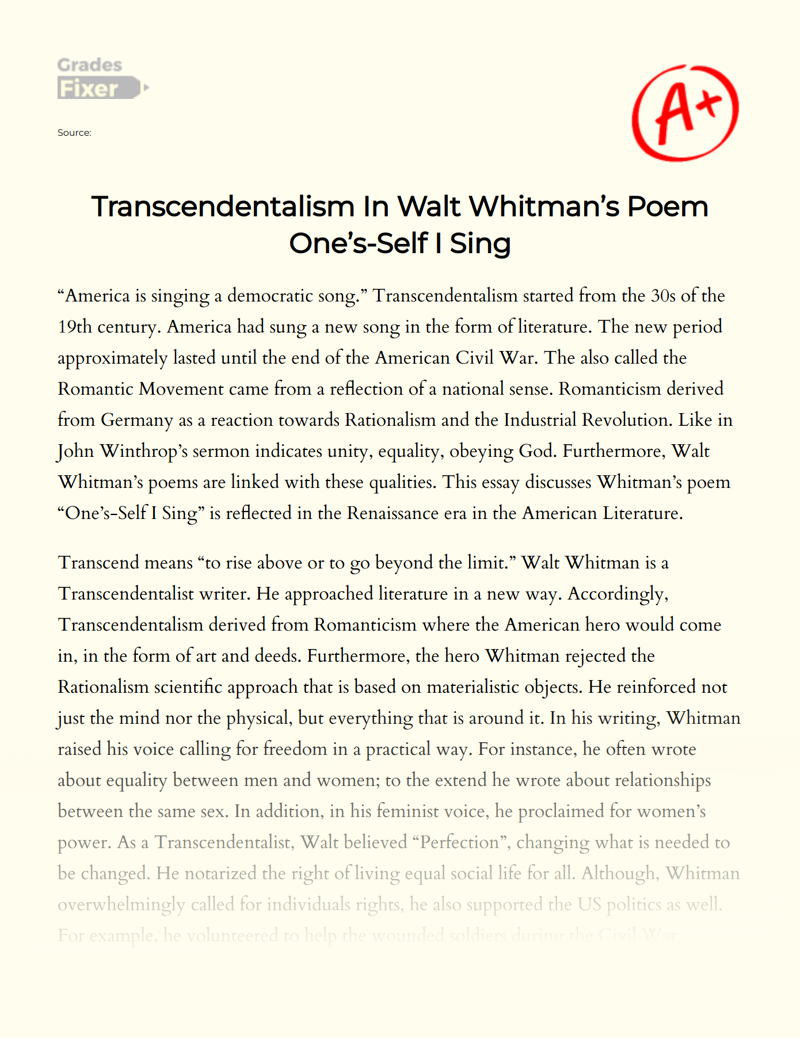 Transcendentalism in Walt Whitman’s Poem One’s-self I Sing Essay