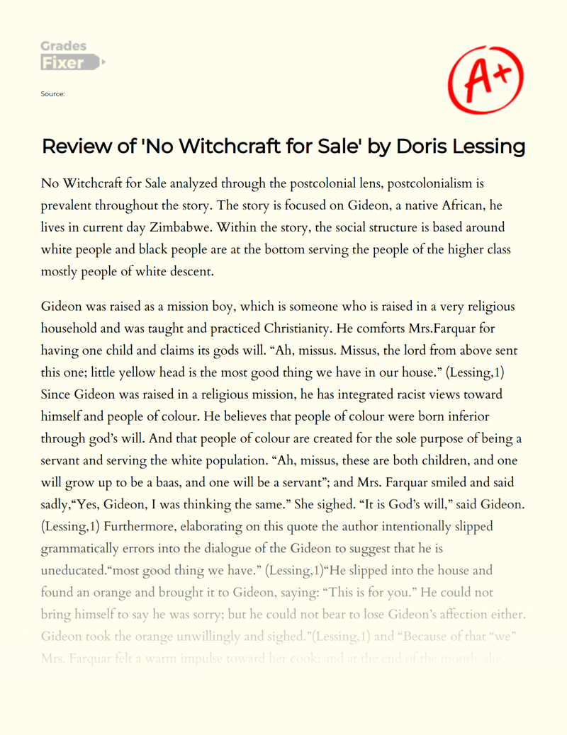 Review of 'No Witchcraft for Sale' by Doris Lessing Essay