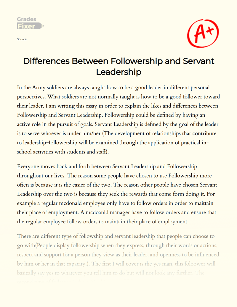 Differences Between Followership and Servant Leadership Essay