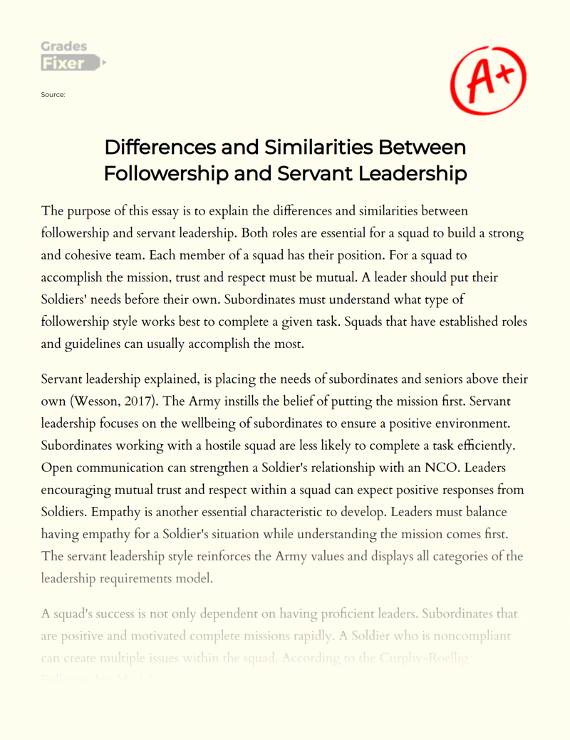 Differences and Similarities Between Followership and Servant Leadership Essay