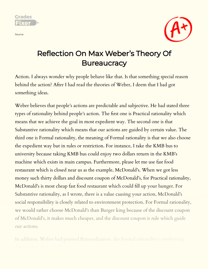 Reflection on Max Weber’s Theory of Bureaucracy Essay