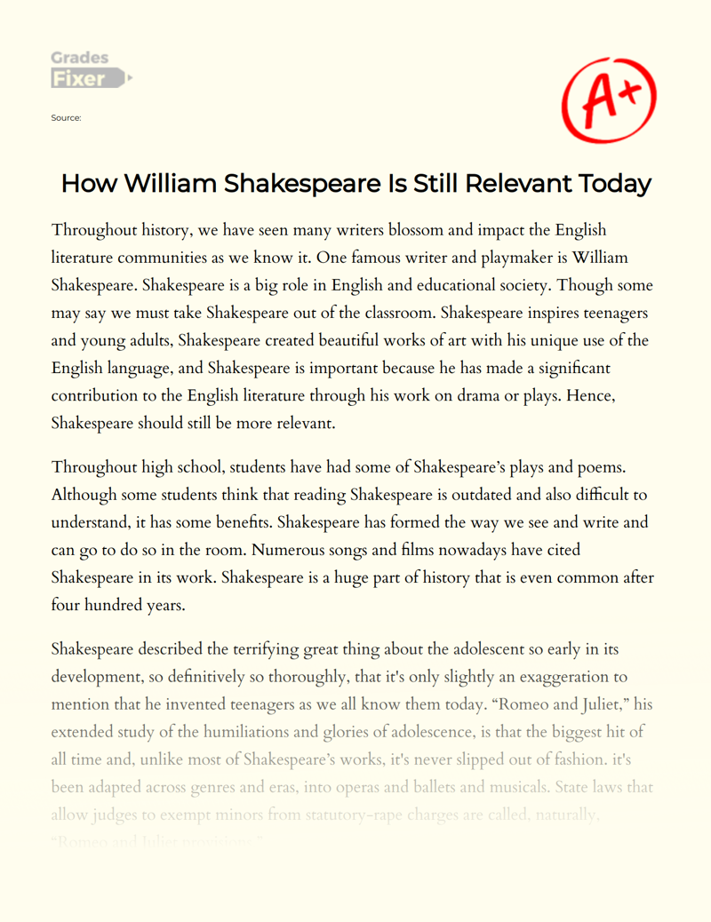 How William Shakespeare is Still Relevant Today Essay