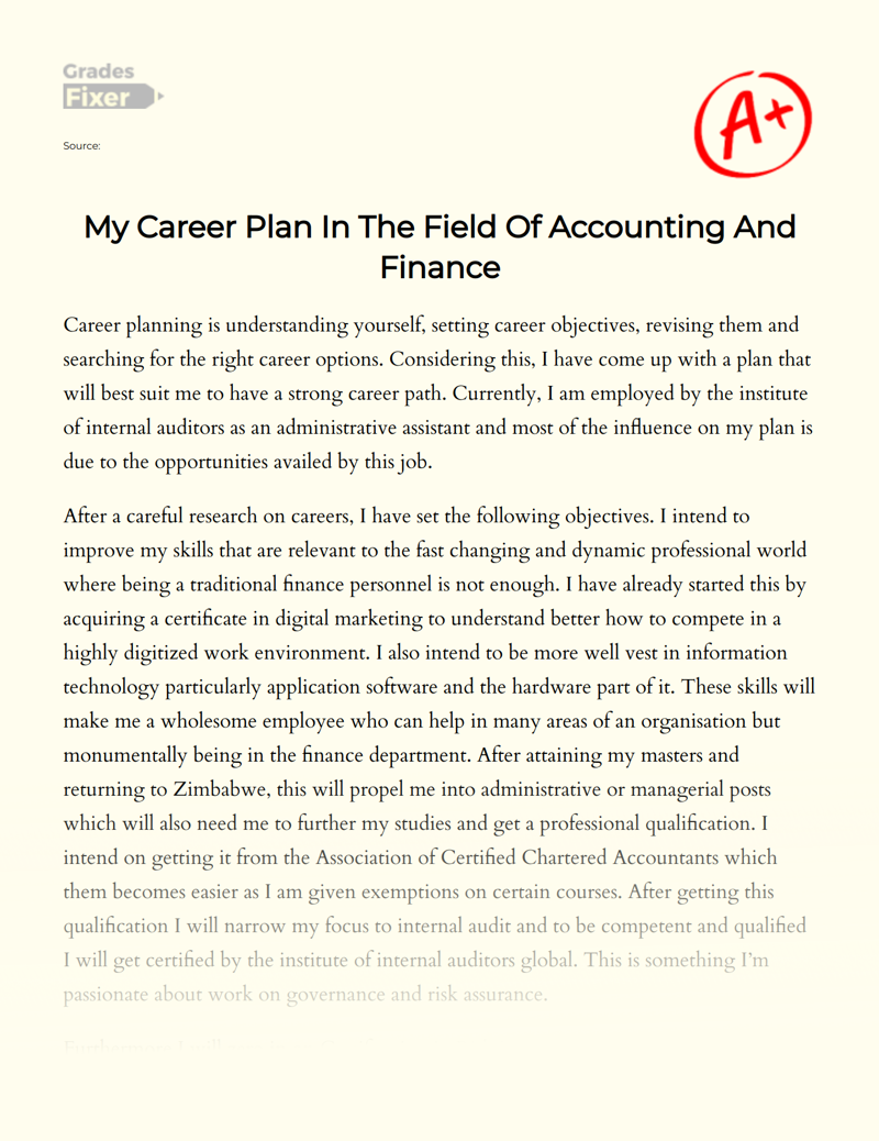 My Career Plan in The Field of Accounting and Finance Essay