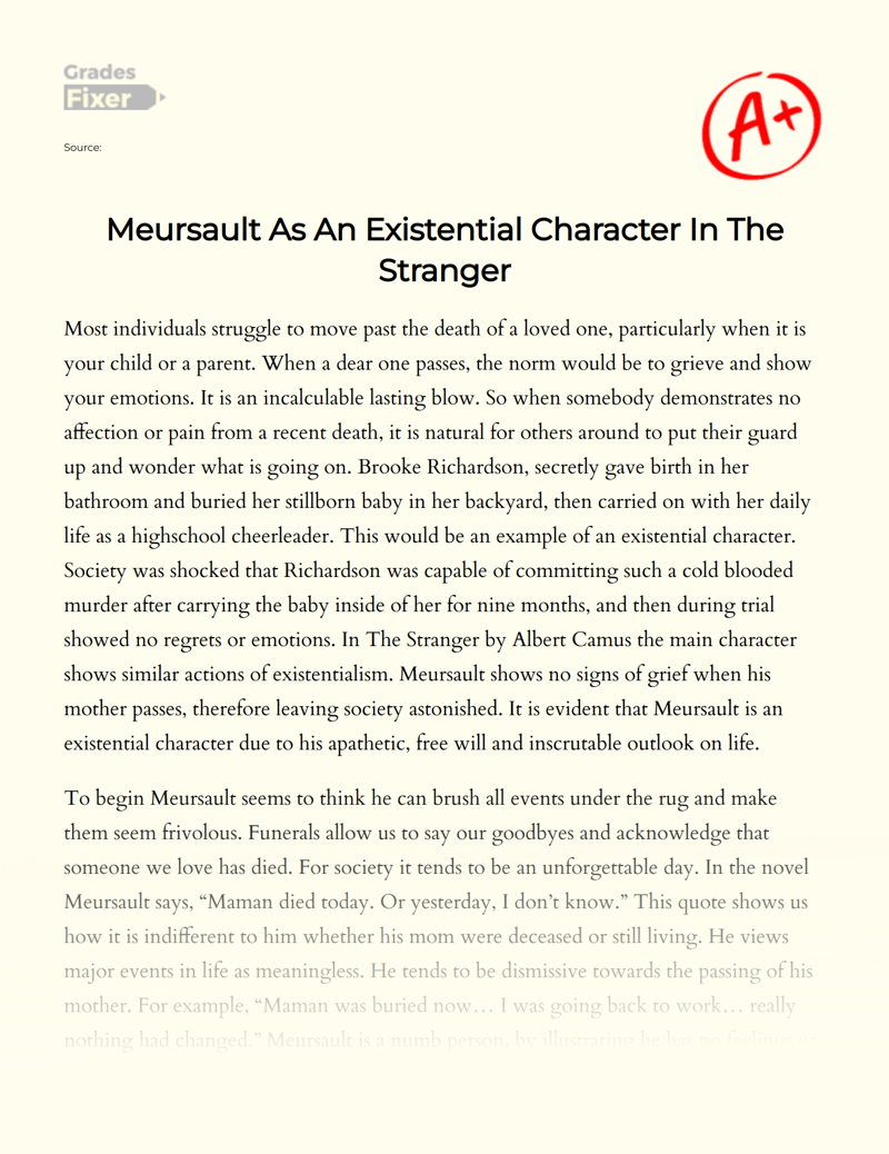 Meursault as an Existential Character in The Stranger Essay