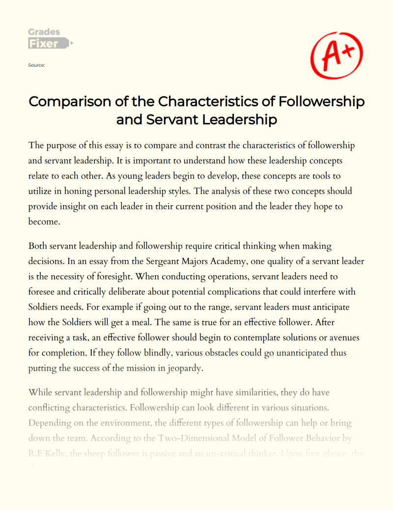 Followership Vs Servant Leadership [blc]: Compare and Contrast Essay