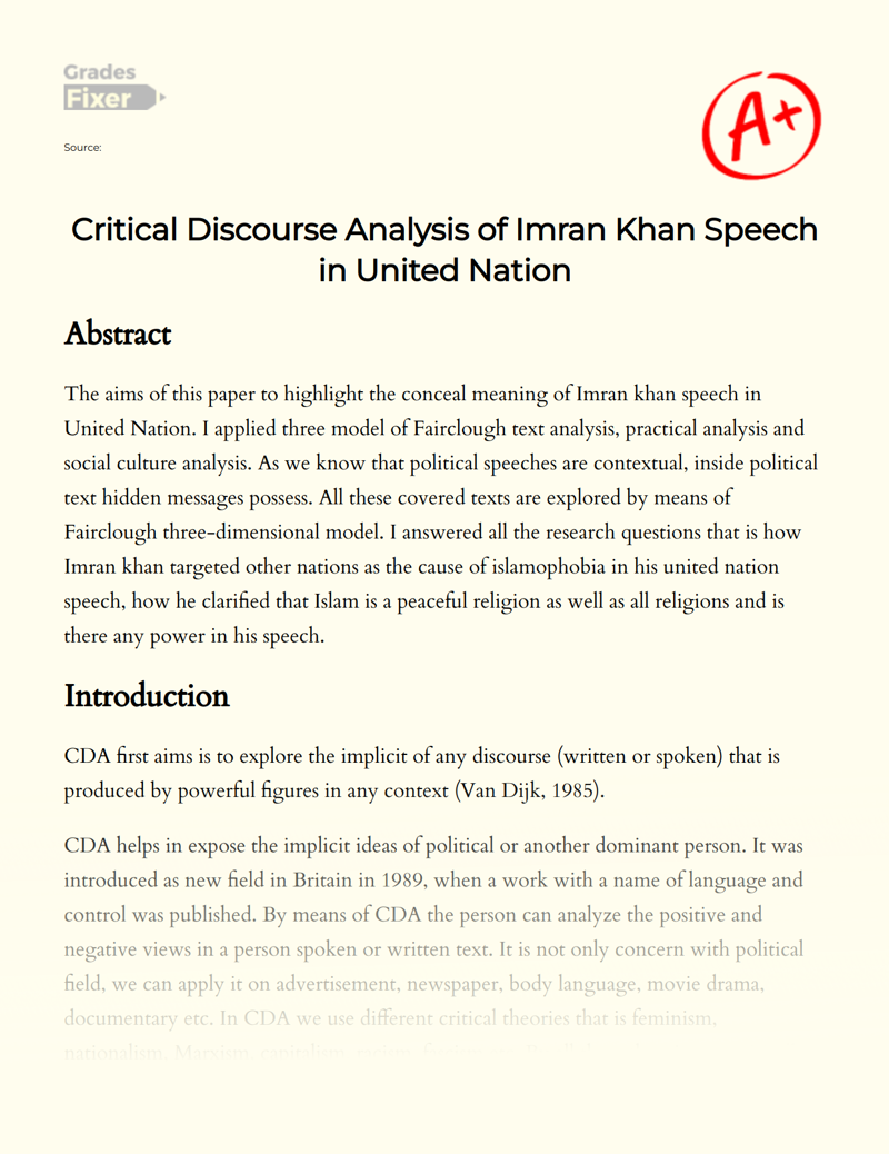 Critical Discourse Analysis of Imran Khan Speech in United Nation Essay