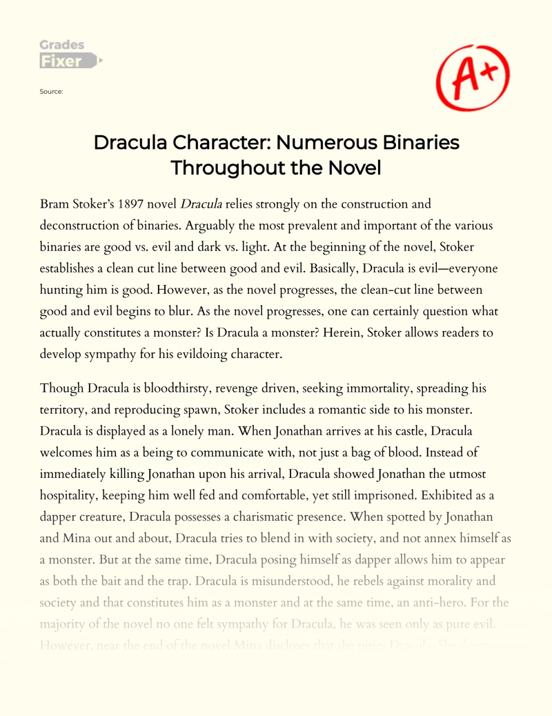 Dracula Character: Numerous Binaries Throughout The Novel essay