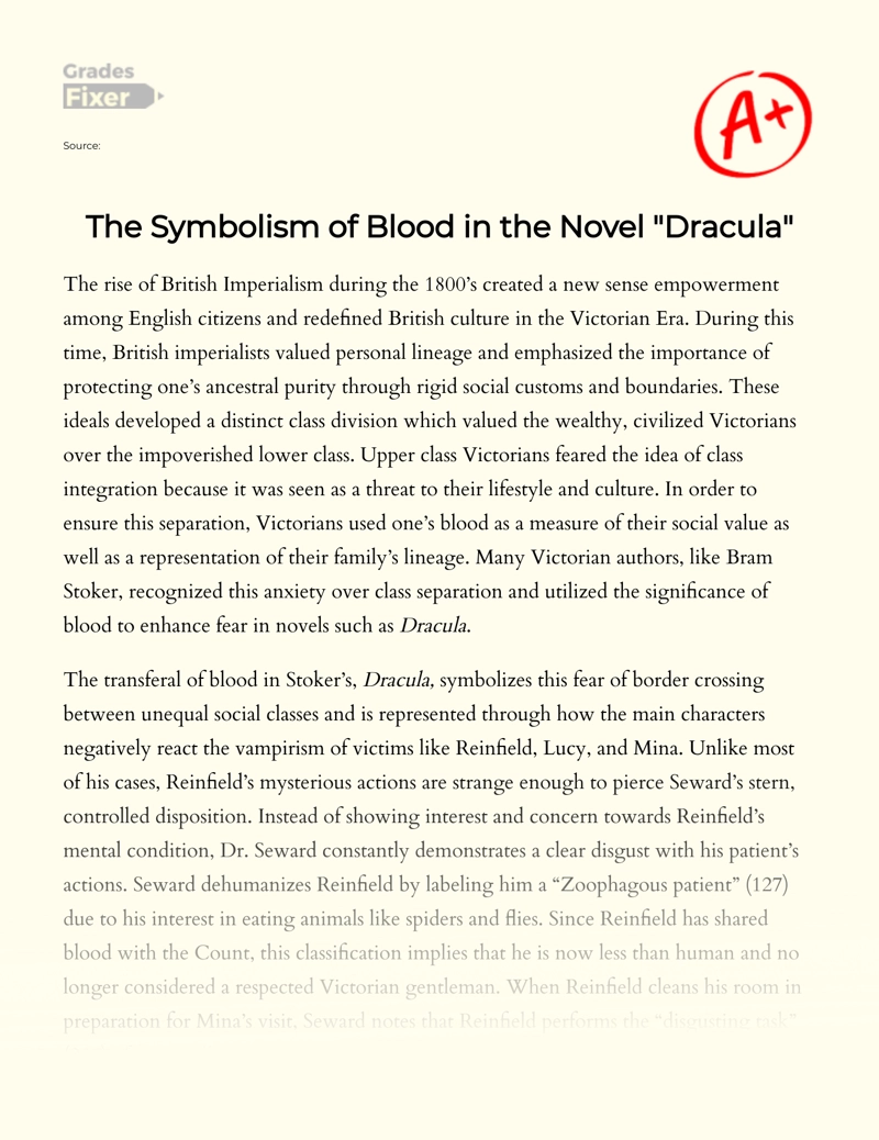 The Symbolism of Blood in The Novel "Dracula" essay