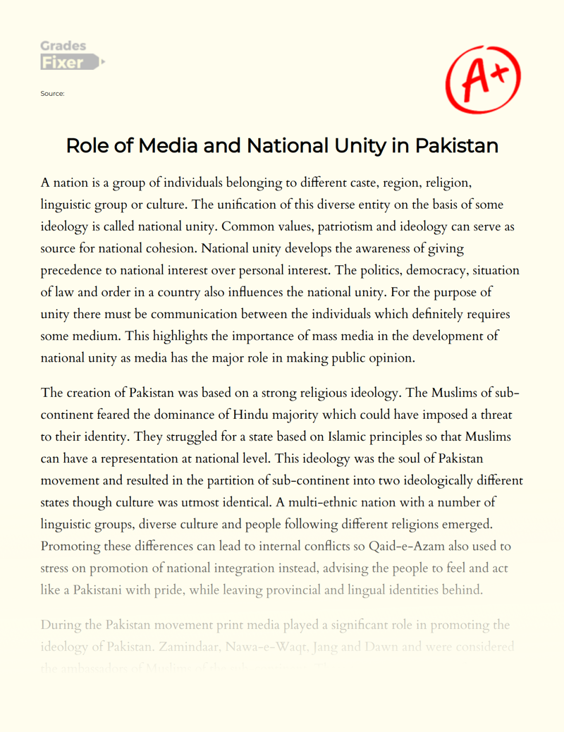 Role of Media and National Unity in Pakistan Essay