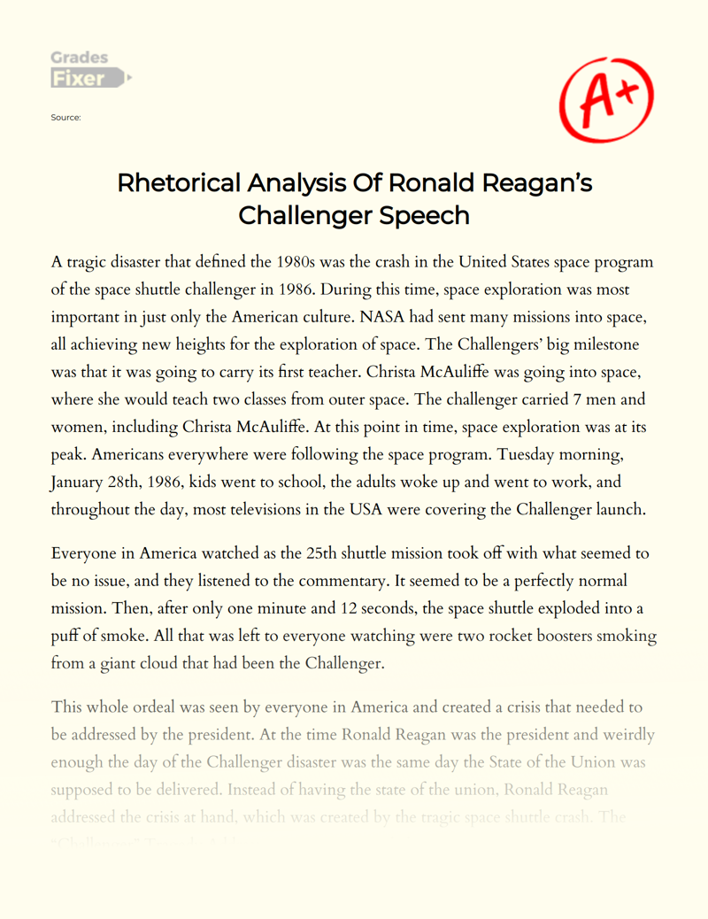 rhetorical analysis essay on ronald reagan challenger speech