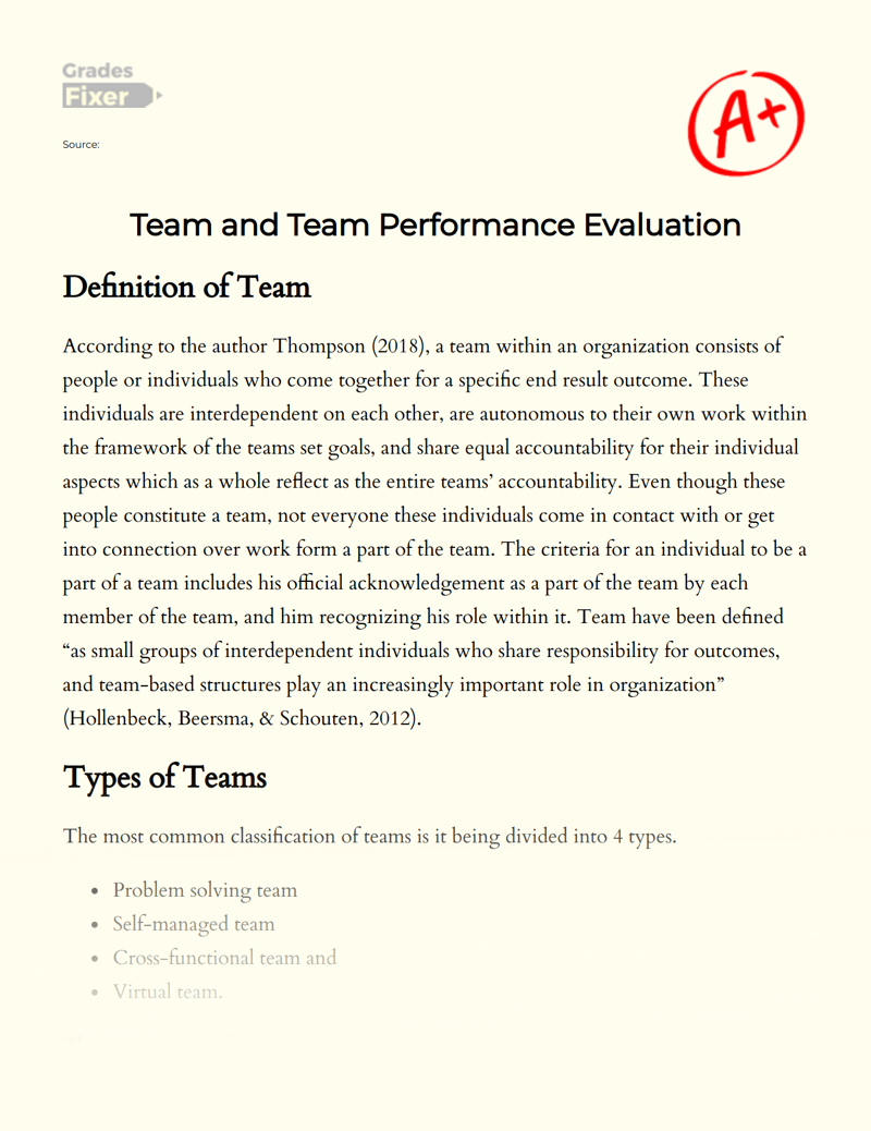 Team and Team Performance Evaluation Essay
