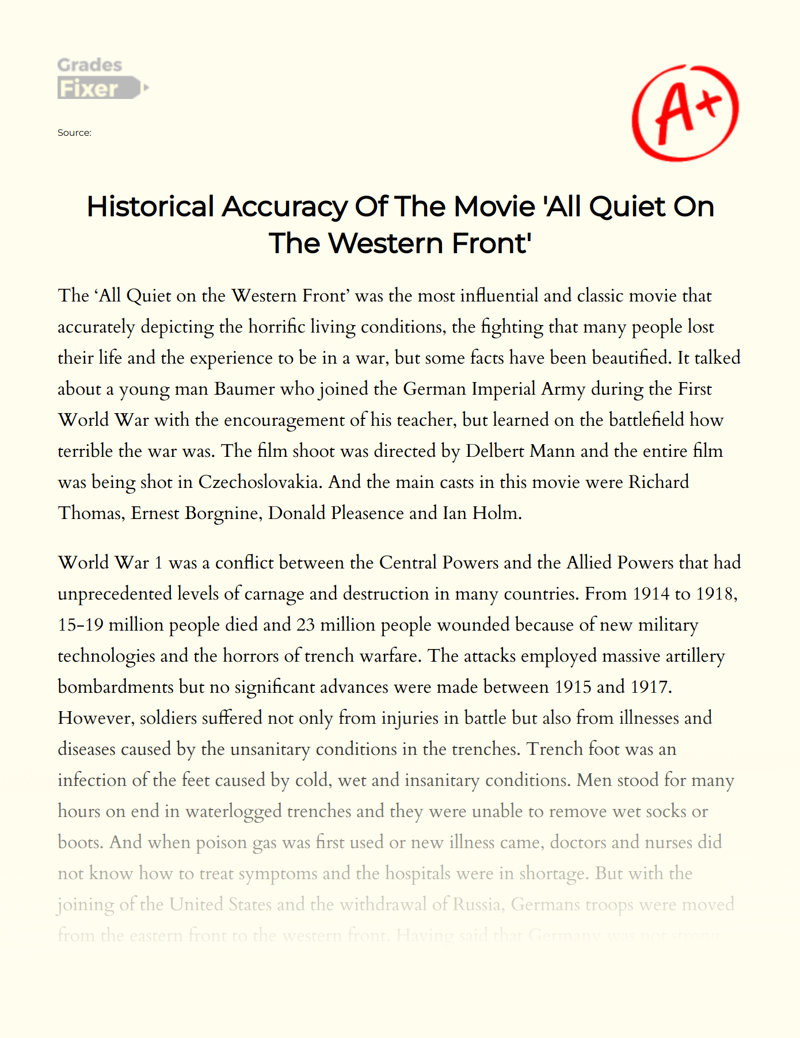 Historical Accuracy of The Movie 'All Quiet on The Western Front' Essay