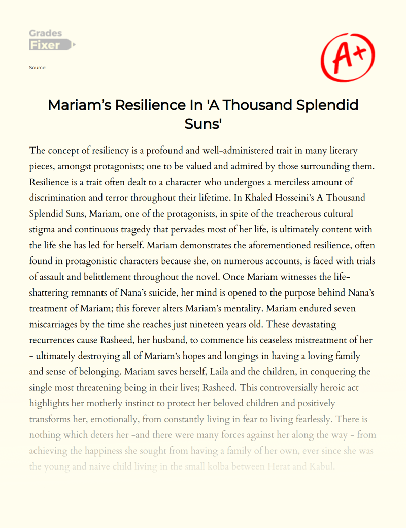 Mariam’s Resilience in 'A Thousand Splendid Suns' Essay
