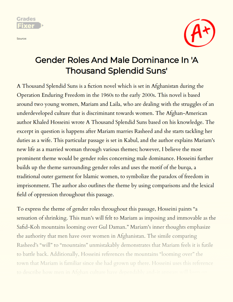 Gender Roles and Male Dominance in 'A Thousand Splendid Suns' Essay