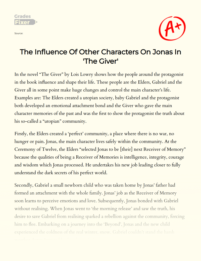 The Influence of Other Characters on Jonas in "The Giver" Essay