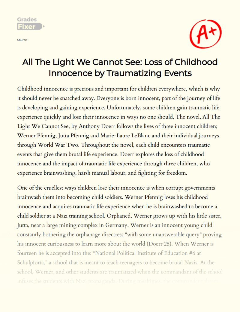 All The Light We Cannot See: Loss of Childhood Innocence by Traumatizing Events Essay