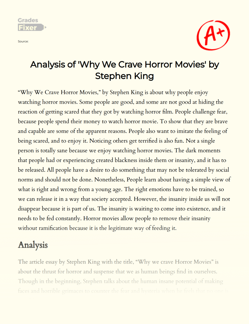 Analysis of 'Why We Crave Horror Movies' by Stephen King Essay