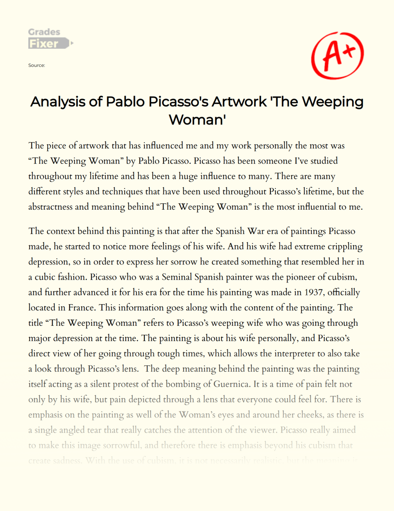 Analysis of Pablo Picasso's Artwork 'The Weeping Woman' Essay