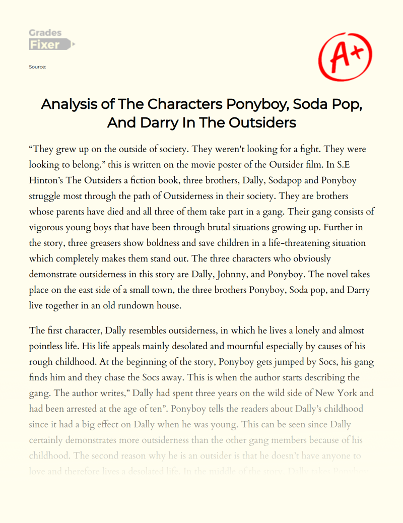 Analysis of The Characters Ponyboy, Soda Pop, and Darry in The Outsiders Essay