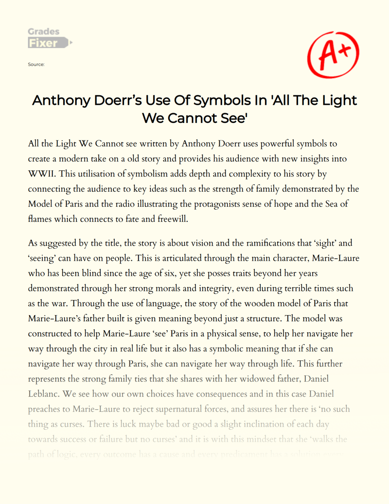 Anthony Doerr’s Use of Symbols in 'All The Light We Cannot See' Essay