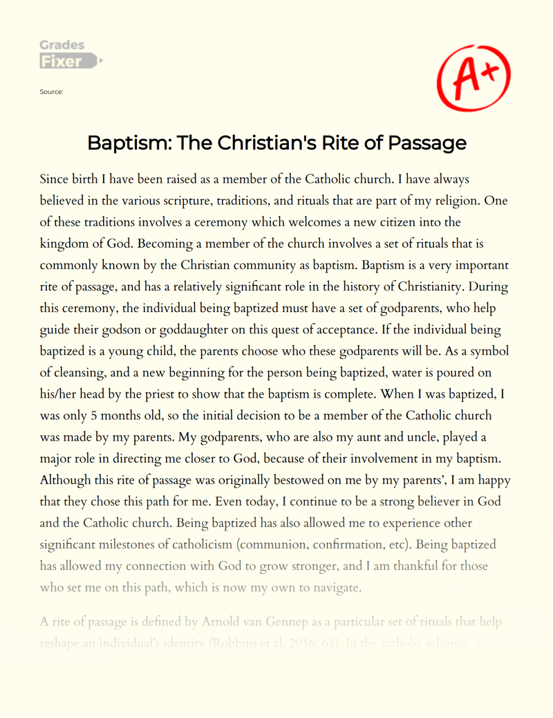 Baptism: The Christian's Rite of Passage Essay
