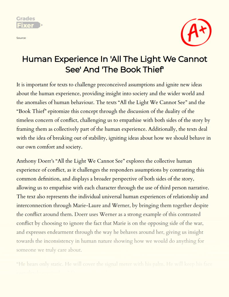 Human Experience in 'All The Light We Cannot See' and 'The Book Thief' Essay
