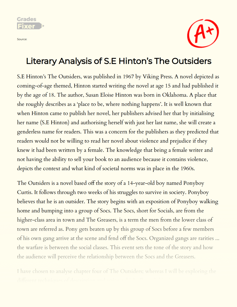 Literary Analysis of S.e Hinton’s The Outsiders Essay