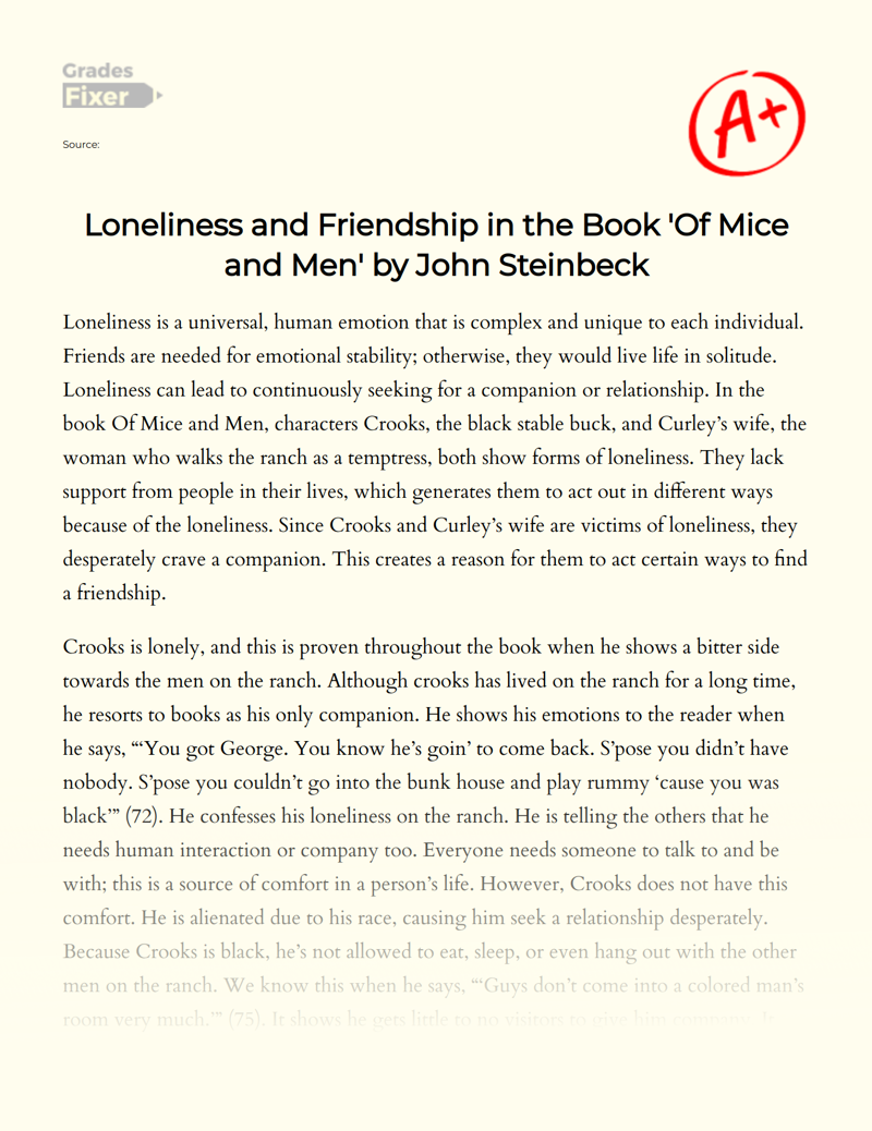 Loneliness and Friendship in The Book 'Of Mice and Men' by John Steinbeck Essay