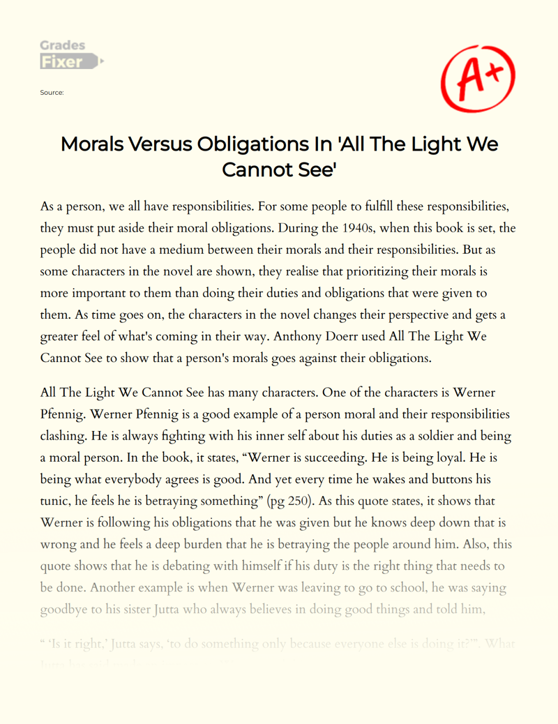Morals Versus Obligations in 'All The Light We Cannot See' Essay
