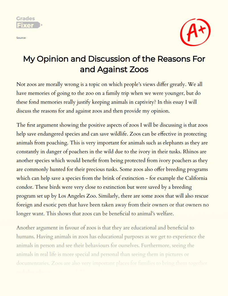 My Opinion and Discussion of The Reasons for and Against Zoos Essay