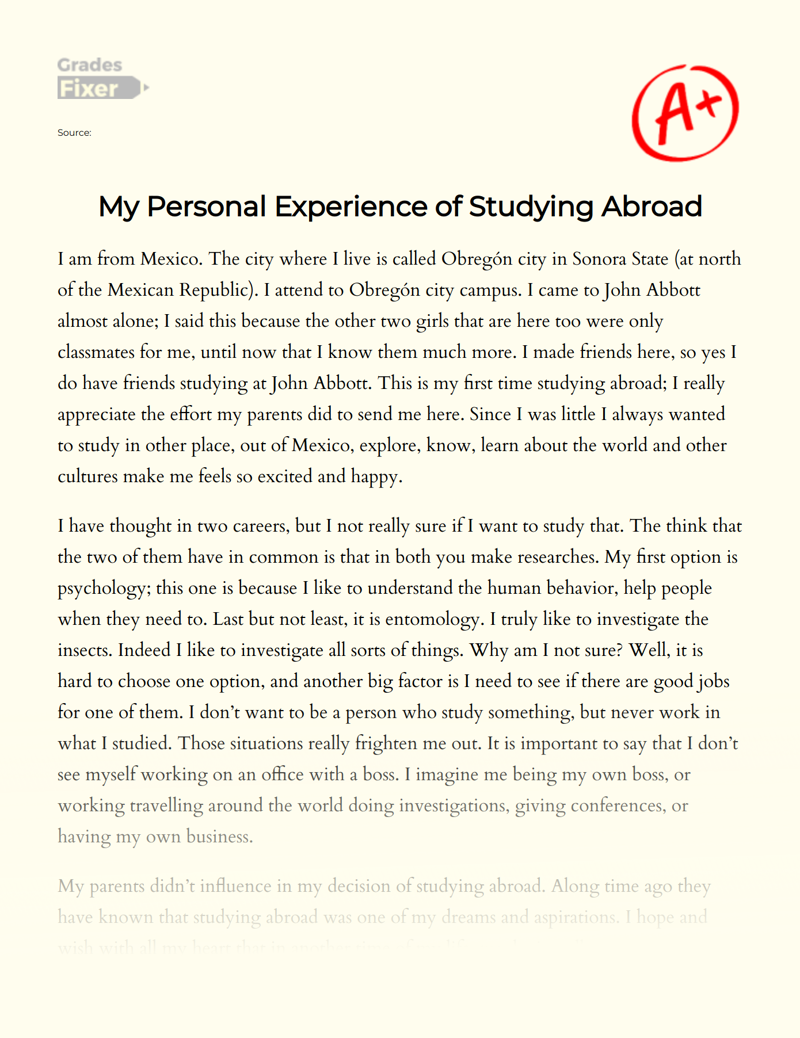My Personal Experience of Studying Abroad Essay