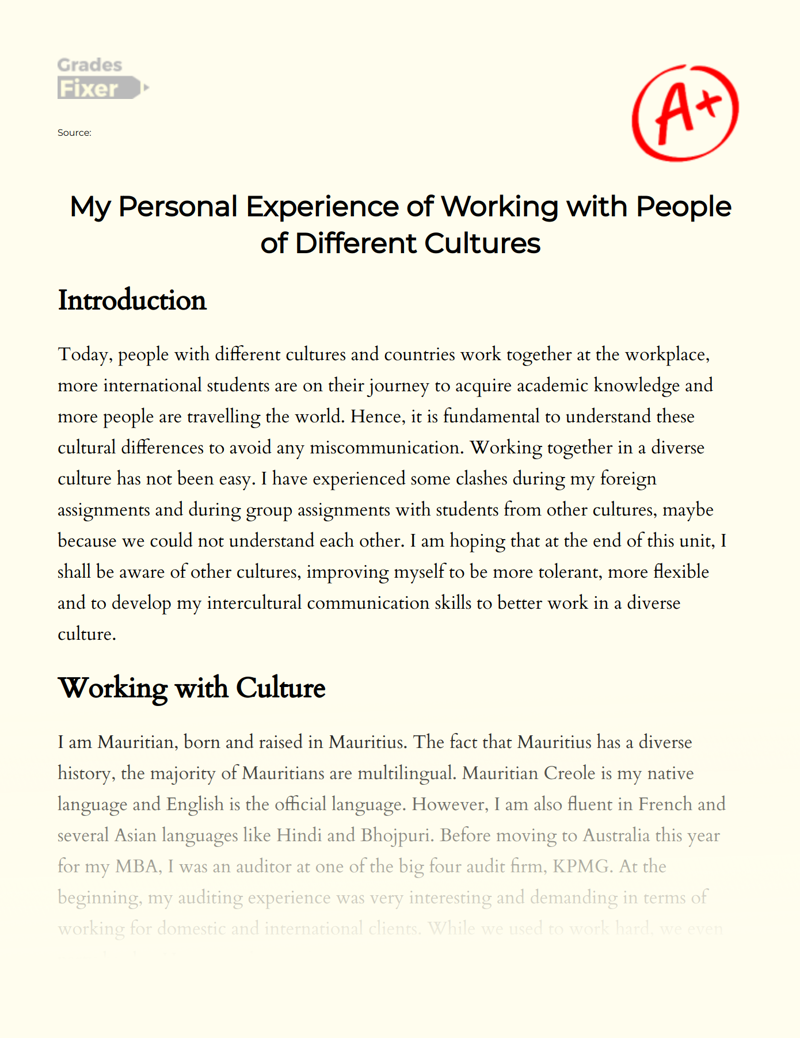 My Personal Experience of Working with People of Different Cultures Essay
