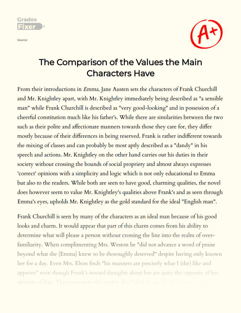 Frank Churchill and Mr Knightley: Characters' Values in Emma Essay